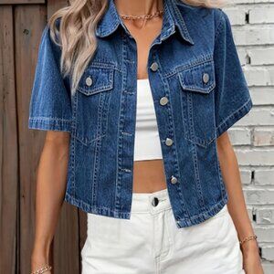 CHIC Dark Wash Short Sleeve Cropped w/Button Closure Denim Jacket Size L NWOT